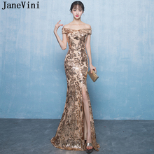 JaneVini Sexy Mermaid Gold Prom Dresses Long 2019 Off Shoulder Sparkle Sequined Side Split Backless Women Prom Dress Gala Jurk 2024 - buy cheap