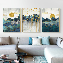 Abstrato geométrico montanha paisagem pintura da lona ouro sol poster hd impressão arte da parede imagem para sala de estar decoração 2024 - compre barato