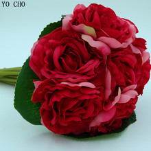 Atacado flor de casamento supplie rosa flor buquê de casamento rosa bouquet de noiva dama de honra seda vermelho artificial bouquets de casamento 2024 - compre barato