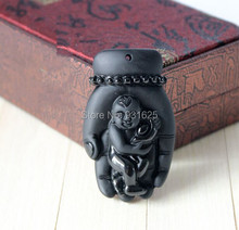 Fashion Beautiful Jewelry Natural Black Obsidian Carved Buddha Hand Lucky Boy Amulet Blessing Pendant Free beads Necklace 2024 - buy cheap