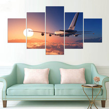 Arte de parede para impressão em tela hd, estrutura com 5 peças, avião voador acima das nuvens, decoração para casa, pinturas, imagens modulares modernas 2024 - compre barato