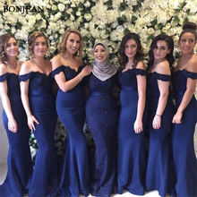 New Long Navy Blue Bridesmaid Dresses Off Shoulder Sleeveless Sweep Train Appliques Wedding Guest Party Gowns Cheap 2024 - buy cheap