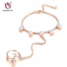 DANZE Fashion Crystal Rhinestone Hand Harness Bracelet Chain Link Finger Ring Rose Gold Color Simulated Pearls Stars Jewelry Set 2024 - buy cheap
