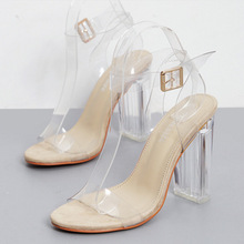 Sandálias femininas de verão, feita em pu transparente, com tira e salto quadrado de 11.5cm, sapatos de salto alto, sexy 2024 - compre barato