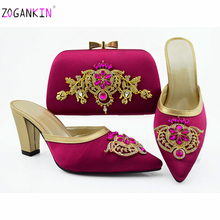 Комплект женской обуви в итальянском стиле, вечерние туфли и сумочки в африканском стиле, удобные тапочки на каблуке, пурпурный цвет 2024 - купить недорого