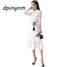 Spring Atumn  Fashion New 2018 Hollow Out Elegant White Lace Elegant Party Dress High Quality Women Long Sleeve Casual Dresses 2024 - buy cheap