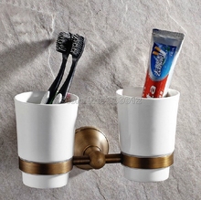 Antique Brass Wall Mounted Toothbrush Holder with Two Ceramic Cups Wba145 2024 - buy cheap