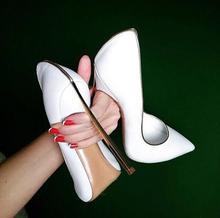 Sapato de salto alto sensual com acabamento em ouro, bico ponteiro de 12cm, couro branco, slip-on, sapatos de casamento para mulheres 2024 - compre barato