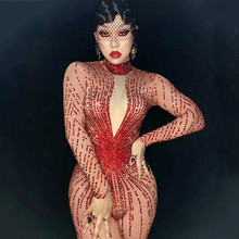Sparkly Red Rhinestones Bodysuit Women Dance Costume Party Birthday Jumpsuit Sexy Club Performance Female Singer Stage Wear 2024 - buy cheap