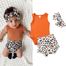 0-24M 3PCS Toddler Baby Girls Clothes Set Summer Sleeveless Bodysuit Leopard Short Pants Headband Summer Casual Outfits 2024 - buy cheap