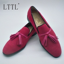 LTTL Pink Cow Suede Men Dress Shoes Fashion Italian Tassel Loafers Handmade Leather Casual Men's Flats Slip On Prom Shoes 2022 - buy cheap