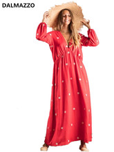 High-end design das mulheres pista bordado boho hoilday vestidos longos 2019 mais novo feminino vermelho decote em v solto cintura maxi vestido longo xl 2024 - compre barato