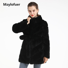 Maylofuer Long Women Real Rex Rabbit Fur Coat with Belt Smooth Fur Jacket Fur Strip Rabbit Fur Coats 2024 - buy cheap