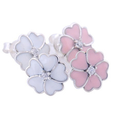 High Quality Famous Brand White&Pink Enamel Cherry Blossom Design 100% Guarantee S925 Sterling Silver Flower Earring Stud 2024 - buy cheap