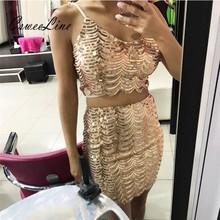 Conjunto de dos piezas de lentejuelas para mujer, Vestido corto Sexy con tirantes finos para fiesta y Club, negro y dorado, de verano 2024 - compra barato