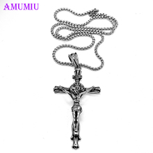 AMUMIU Mens Stainless Steel Silver Cuban Big Jesus Cross Crucifix Pendant Necklace Chain Link Male Accessories P052 2024 - buy cheap