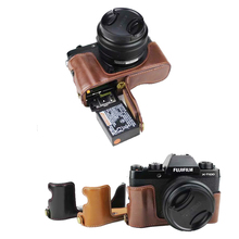Capa de couro para câmera fujifilm xt100, capa metade de couro aberto para bateria preta café marrom 2024 - compre barato