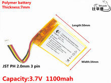 JST-Batería de iones de litio de 2,0 polímero para juguete, Banco de energía, GPS,mp3,mp4, PH 3,7mm, 3 pines, buena calidad, 1100 V, 703450 mAH 2024 - compra barato