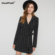 USUALYEAH Black Check Women Tailored Collar V Neck Mini Dress Office Lady British Style Plaid Bow A Line Dresses Spring Autumn 2024 - buy cheap