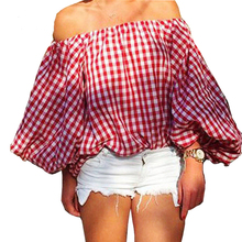 Blusa xadrez vermelha ombro de fora feminina, camisa casual da moda com manga longa e lanterna para mulheres verão 2019 2024 - compre barato