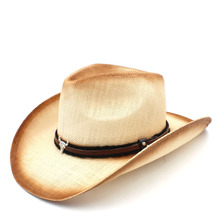 Модная женская и мужская соломенная ковбойская шляпа с повязкой на голову Bull для женщин, папа, Западный сомбреро, Hombre, ковбойские джазовые шапки, размер 58 см 2024 - купить недорого