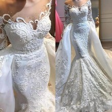 Vestidos de novia de encaje Vintage de lujo, ropa de boda de sirena de manga larga, tren desmontable, hecho a mano, 2021 2024 - compra barato