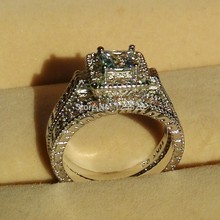 Par de anillos de boda para mujer, joyería Vintage de tamaño 5-11, 10kt, oro blanco, corte de princesa, Circonia cúbica AAA, piedras de imitación 2024 - compra barato