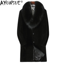 AYUNSUE Natural Sheep Shearling Fur Coat Winter Jacket Men 100%Wool Fur Coat Fox Fur Collar Men's Plus Size Coat KFS18M208 MY754 2024 - buy cheap