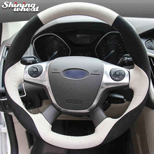 Shining wheat Black Suede White Leather Car Steering Wheel Cover for Ford Focus 3 2012-2014 KUGA Escape 2013-2016 C-MAX 2011-13 2024 - buy cheap