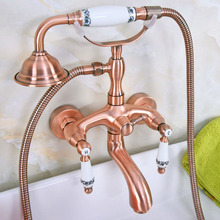 Antique Red Copper Brass Double Ceramic Handles Wall Mounted Bathroom Clawfoot Bathtub Tub Faucet Mixer Tap w/Hand Shower ana312 2024 - buy cheap