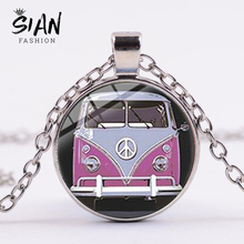 SIAN Peace Sign Pink Hippie Bus Van Necklace Vintage Hippy Cartoon Photo Glass Dome Pendant Handmade Kids Car Collectors Jewelry 2024 - buy cheap