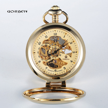 Relógio de bolso mecânico esqueleto, luxuoso com lente de aumento dourado exclusivo na moda, relógios masculinos com corrente de fob melhor presente 2024 - compre barato