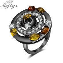 Mytys anel redondo de cor preta para mulheres, anel feminino com configuração de cristal colorido, design exclusivo, joias para presente feminino r2118 2024 - compre barato
