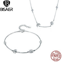 BISAER 925 Sterling Silver Jewelry Sets Moon And Star Tale Fashion Collar Necklaces Women Bracelet Sterling Silver 925 Jewelry 2024 - buy cheap