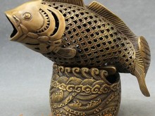 YM  317    8" Chinese Bronze Buddhism Wealth Coin Lovely Fish Statue Incense Burner Censer 2024 - buy cheap