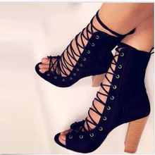 Sexy Summer Cross tied Lace up Peep toe Ankle Boots Women Wooden Grain Chunky Heels Gladiator Sandals Short Bottines Shoes Woman 2024 - buy cheap