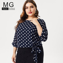 Large size women's 2019 summer new sweet O-neck dot seven-point sleeve bow tie blouse loose slimming chiffon shirt 2024 - buy cheap