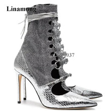 Women Fashion Pointed Toe Silver Pattern Leather Lace-up Thin Heel Sock Short Boots Cut-out Bandage Ankle Boots Dress Shoes 2024 - buy cheap