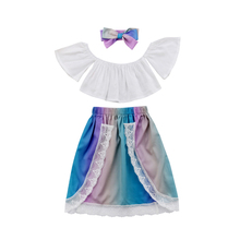 Летний комплект из 3 предметов, Кружевной укороченный топ с открытыми плечами и юбка для новорожденных девочек, одежда белая рубашка с оборками 2024 - купить недорого
