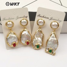 WT-E499 WKT-pendientes de perlas redondas naturales, con forma de gota Irregular, bisel dorado y piedras preciosas, aretes Multicolor decorativos, joyería 2024 - compra barato