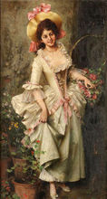 Retrato clásico pintado a mano de mujer, imagen de pintura al óleo para decoración para sala de estar, cesta de sujeción para mujer, rosa de flores de primavera 2024 - compra barato
