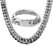 High Quality Mens Necklace Bracelet Jewelry Set 16mm 316L Stainless Steel Chain Silver Color Curb Cuban Link 2024 - buy cheap