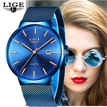 Женские Аналоговые кварцевые часы LIGE, модные ультратонкие часы из нержавеющей стали с полностью синим сетчатым циферблатом 2024 - купить недорого