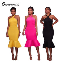 Okayasis-vestido de bandagem okfeminino, novidade, festa, sexy, ombro de fora, halter, rabo de peixe, midi, vestido sem costas, clube, frete grátis, 2017 2024 - compre barato