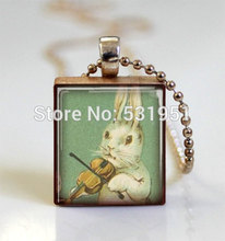 Wholesale White Rabbit Necklace Bunny Playing Violin Scrabble Tile Pendant with Ball Chain Included,Scrabble Tile Necklace 2024 - buy cheap