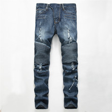 Рваные байкерские джинсы для мужчин, джинсовые брюки с дырками, зауженные, прямые, от бренда дизайнера 2024 - купить недорого