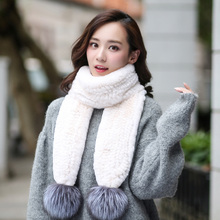 ZDFURS*Winter Women Long Genuine Knitted Real Rex Rabbit Fur scarf with silver fox pompom Warm Neck Natural  Fox Fur Scarves 2024 - buy cheap