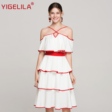 YIGELILA Women Summer Spaghetti Strap Dress Fashion Slash Neck Off Shoulder Empire Slim Knee Length Ruffles Cake Dress 63708 2024 - buy cheap