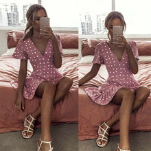 2019 Newest Hot Women Summer Boho Short Mini Dress Deep V Neck Dot Printed Short Sleeves Evening Party Beach Dress Sundress 2024 - buy cheap