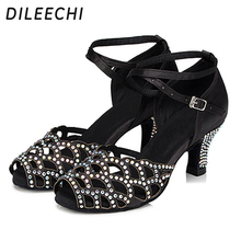 DILEECHI Women's Latin dance shoes Rhinestones Black salsa heel 6cm adult ballroom dancing shoes satin soft bottom Party shoes 2024 - buy cheap